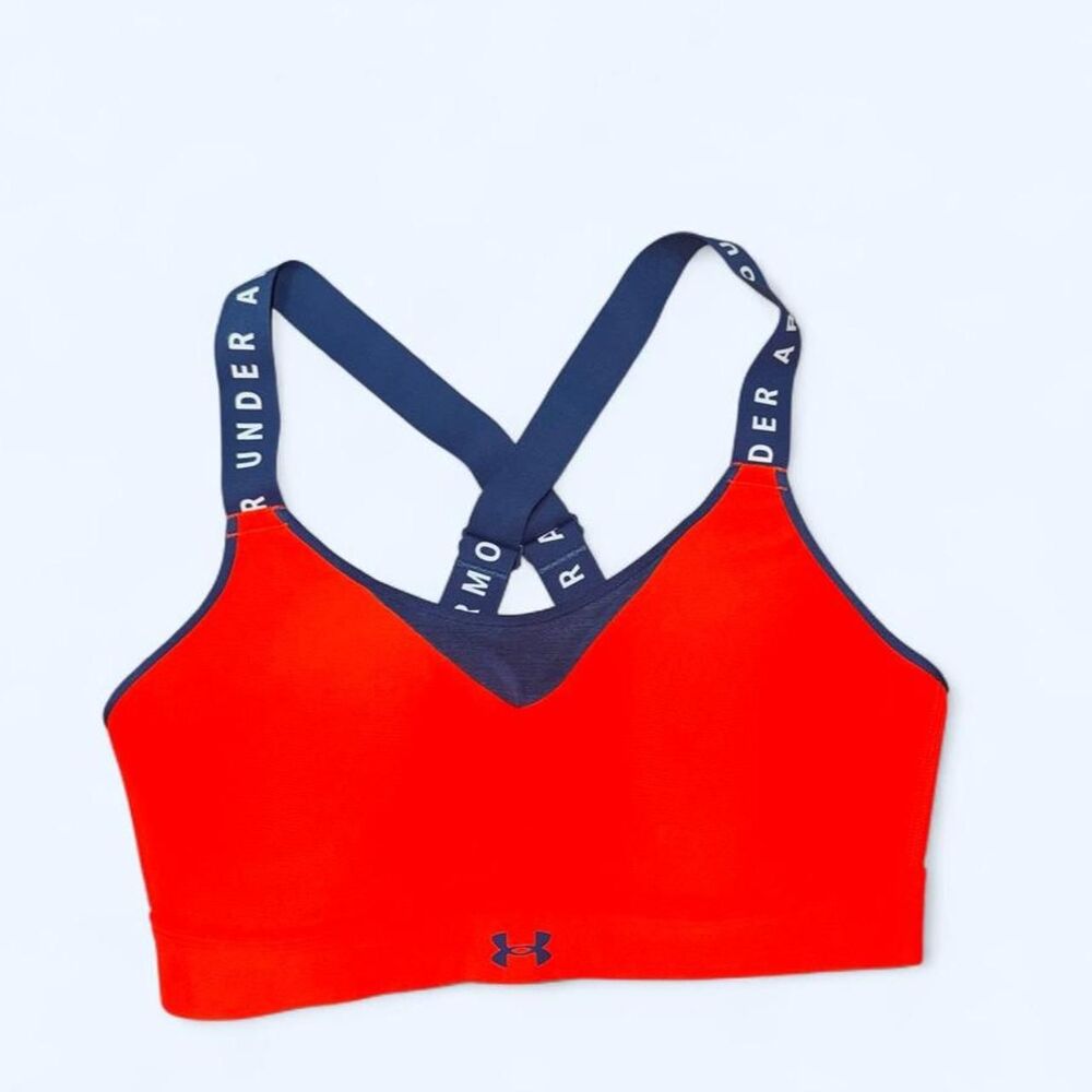 Under Armour Infinity High Sports Bra Neon Orange Blue NWT Size M